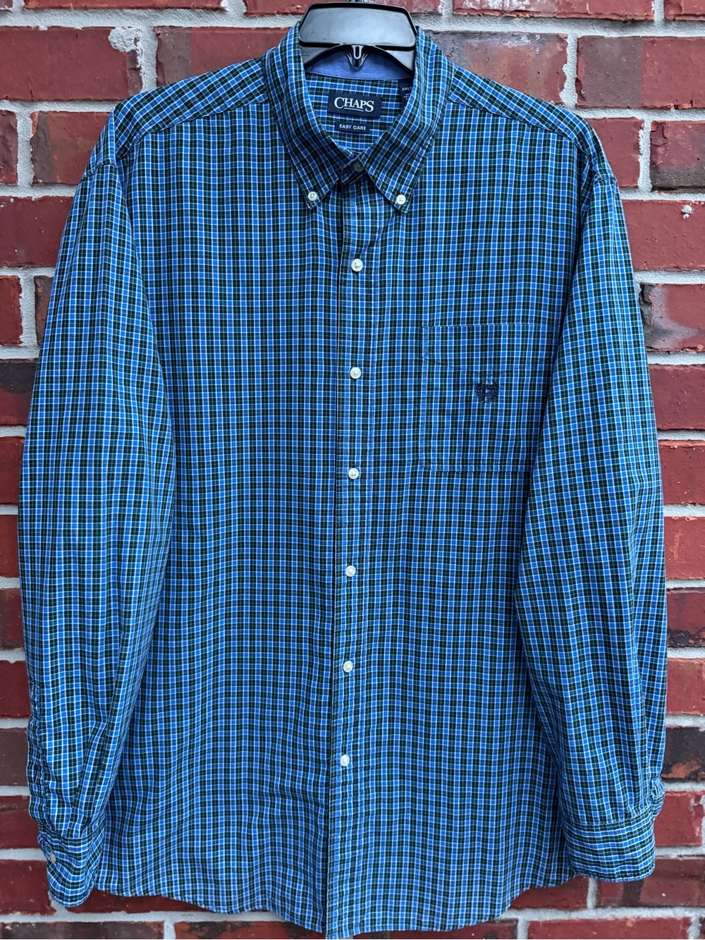 Chaps Easy Care Men’s 2XLT Blue & Green Plaid Button-Down Long Sleeve Shirt P5